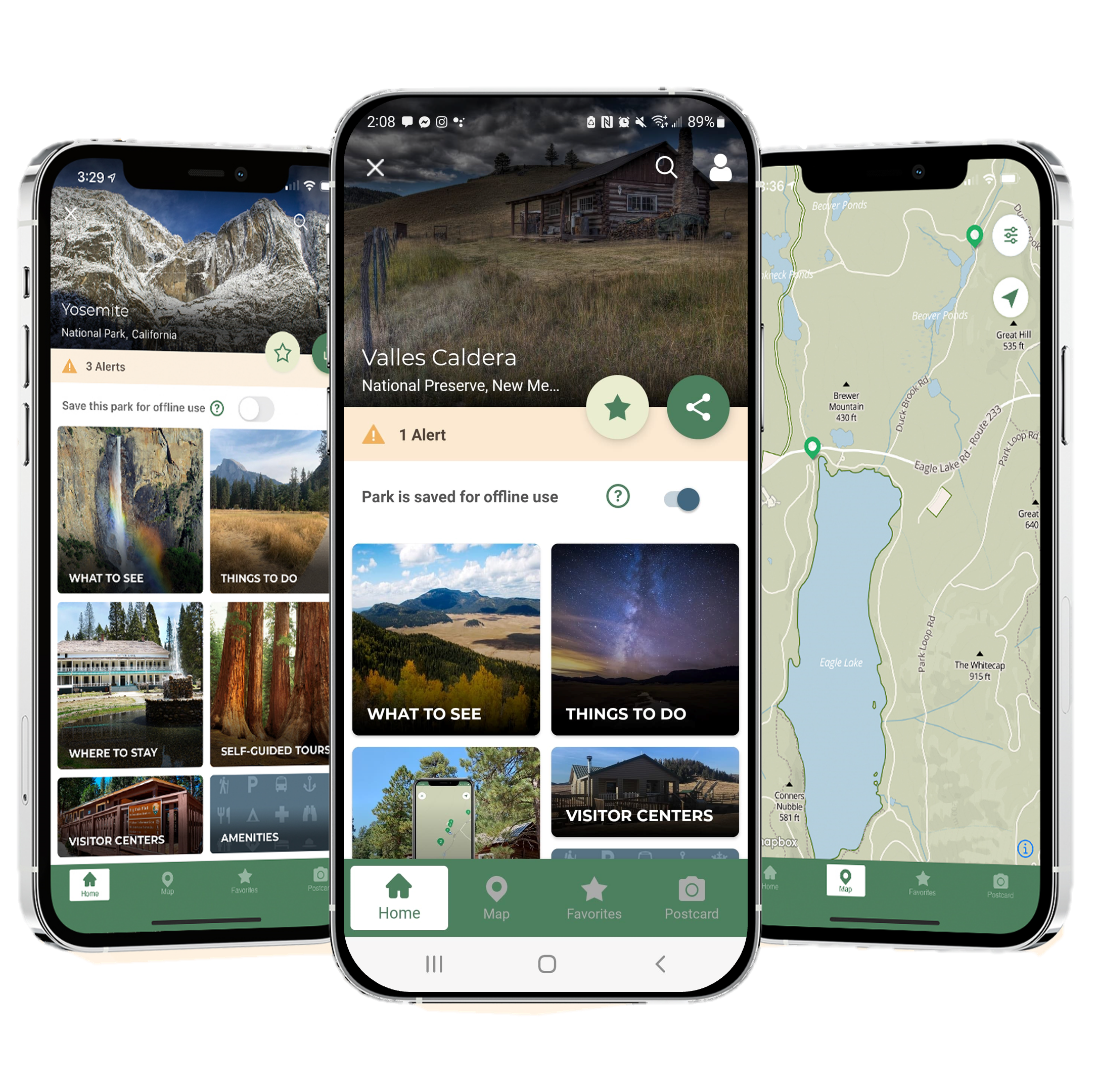 Smartphone screens show the National Park Service App with Valles Caldera information.
