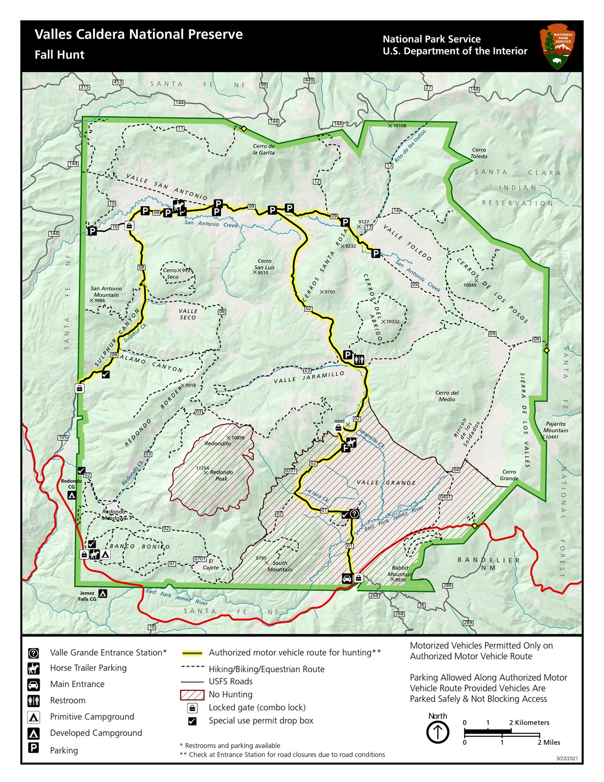 A hunting map titled Valles Caldera National Preserve Fall Hunt.  The color-coded map showing roads, facilities, trails, and hunting zones.  A key at the bottom with scale defines each feature with independent symbols.