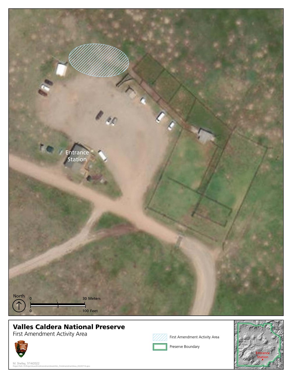Aerial image of Entrance Station parking area with First Amendment designation circled