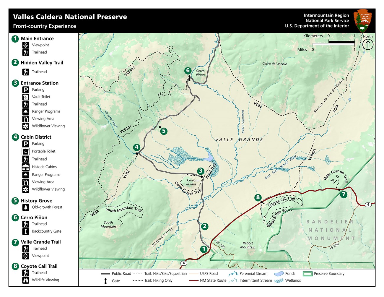 Map showing locations around Valle Grande for visitor activities