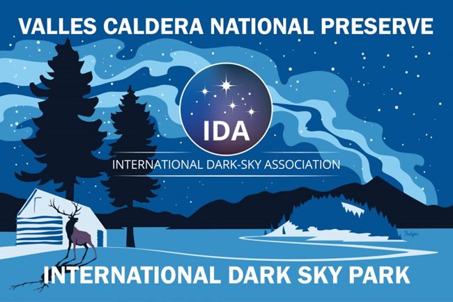 Illustration of the Milky Way over Valles Caldera with text that reads: International Dark Sky Park.