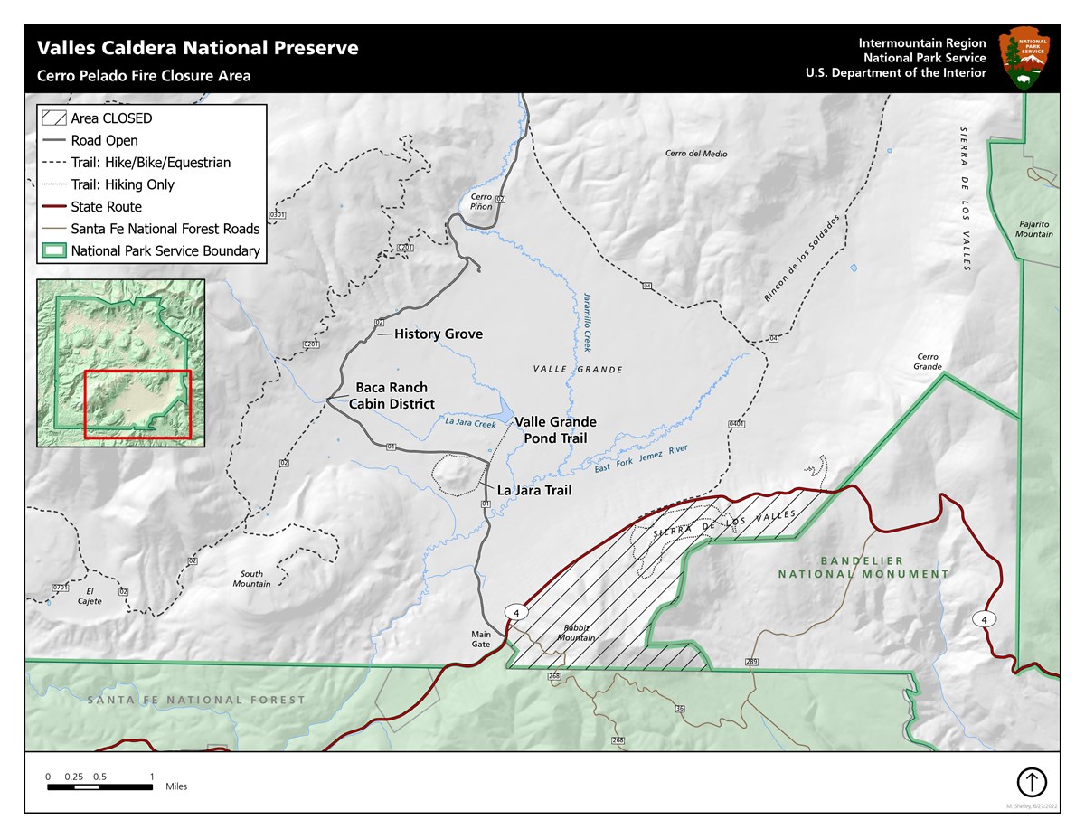 Map showing that the area southeast of NM-4 is closed due to the impacts from the Cerro Pelado Fire.