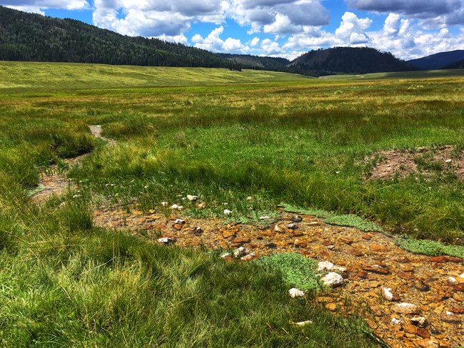 a creek runs through a wide grassy valley, mountains in the distance under a cloudy blue sky.