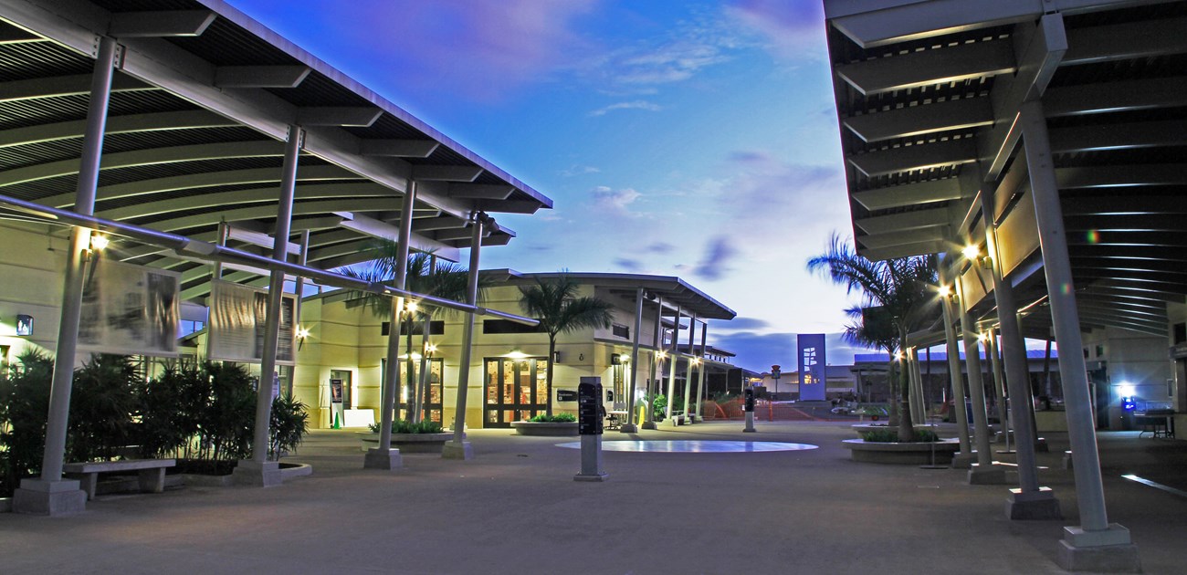 The Pearl Harbor Visitor Center at night.