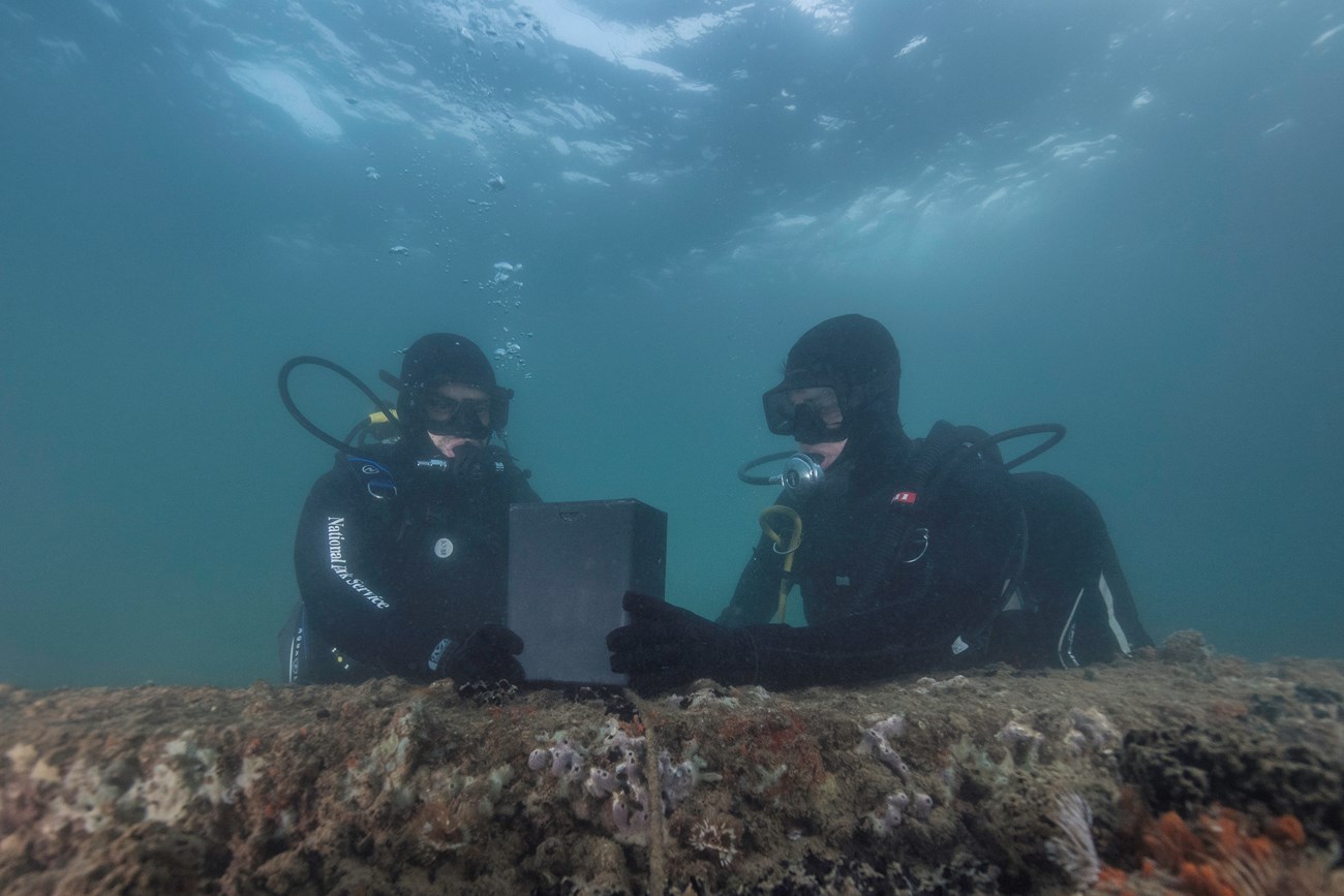 NPS Divers bring the urn of USS Arizona Survivor Estelle Birdsell under the waters of Pearl Harbor to the USS Arizona, December 5, 2017.