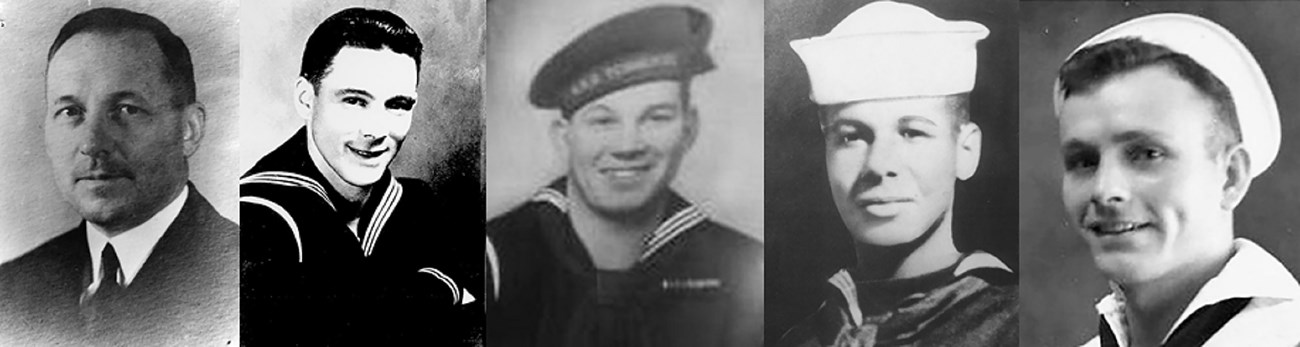 Service members killed on December 7, 1941, from left to right: Mervyn Bennion, USS West Virginia; David Crossett, USS Utah; J. B. Miller, USS Tennessee; Archie Callahan, USS Oklahoma; and Hubert Aaron, USS Arizona.