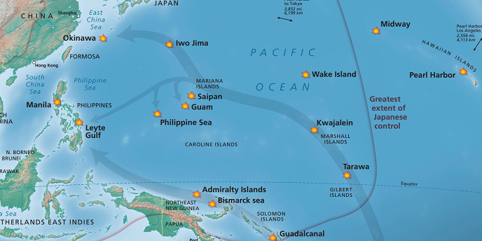 A map of the major battle sites in the Pacific War.