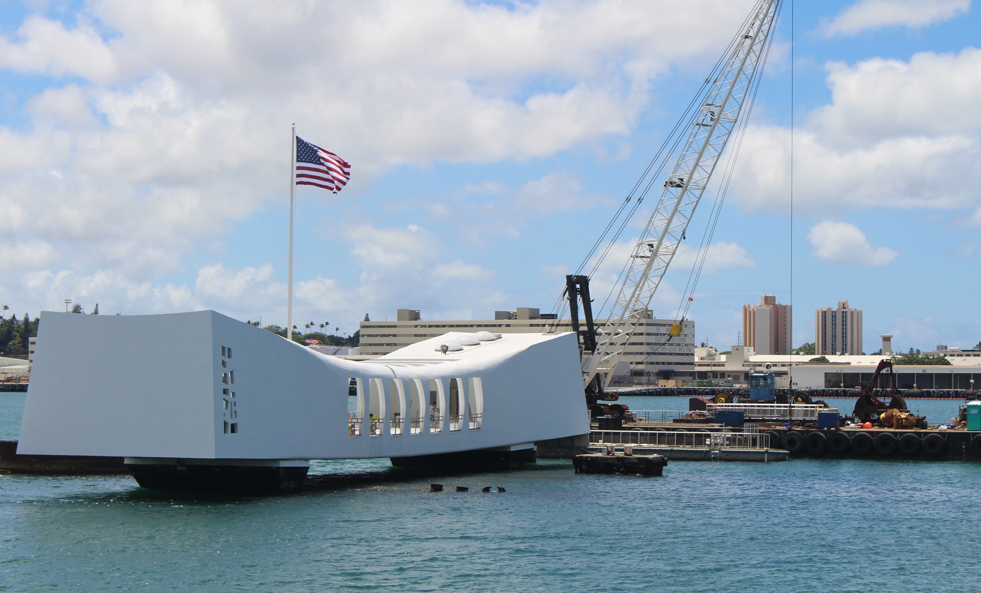 The USS Arizona Memorial and the new dock installation.