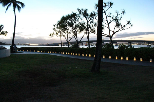 Lights for Peace 2025 Luminary light the coast of Pearl Harbor National Memorial.