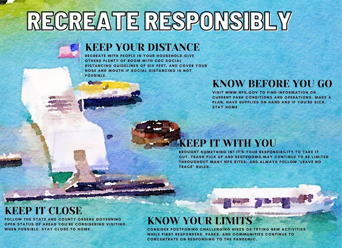 Watercolor image of the USS Arizona Memorial and White Boat with Recreate Responsibly Messages