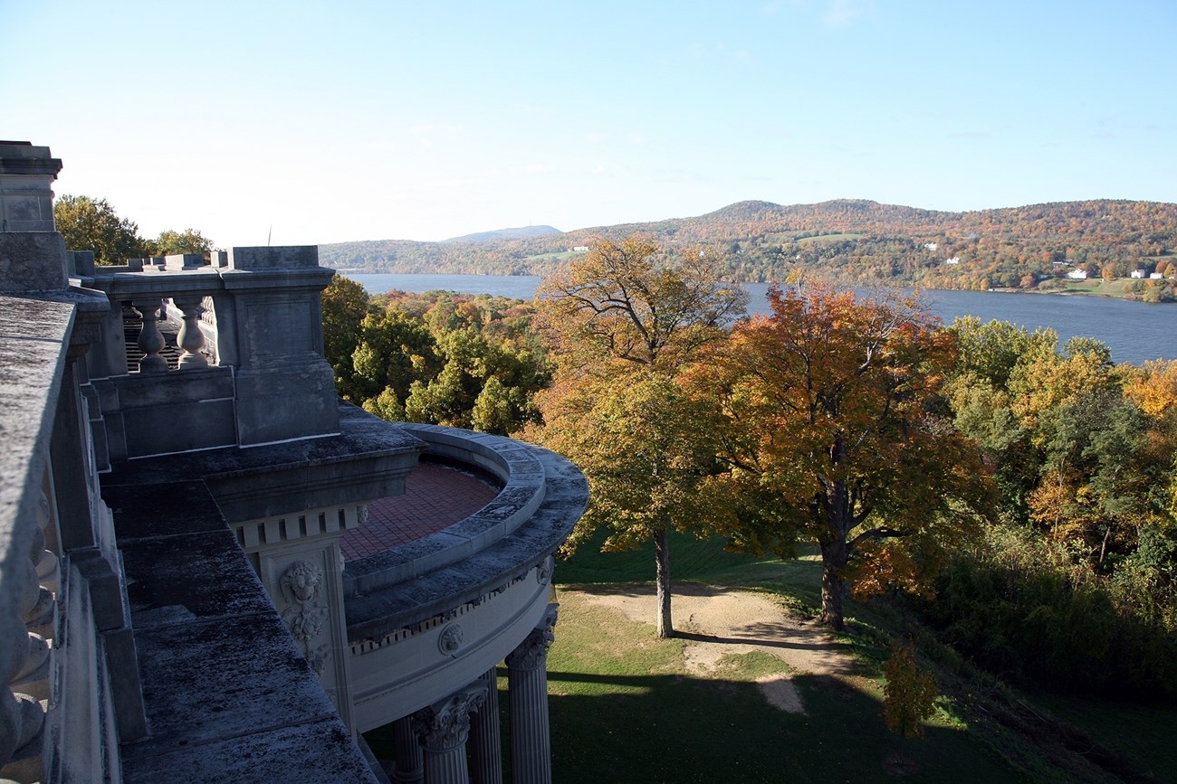 View of the tree-lined Hudson River from the roof of the Vanderbilt Mansion