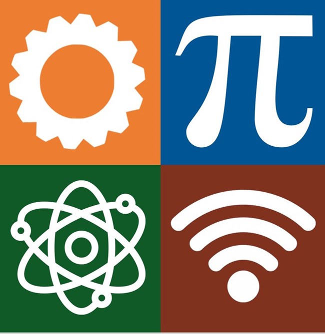Logo includes a gear, an atom, symbol for wifi and the math symbol for Pi.