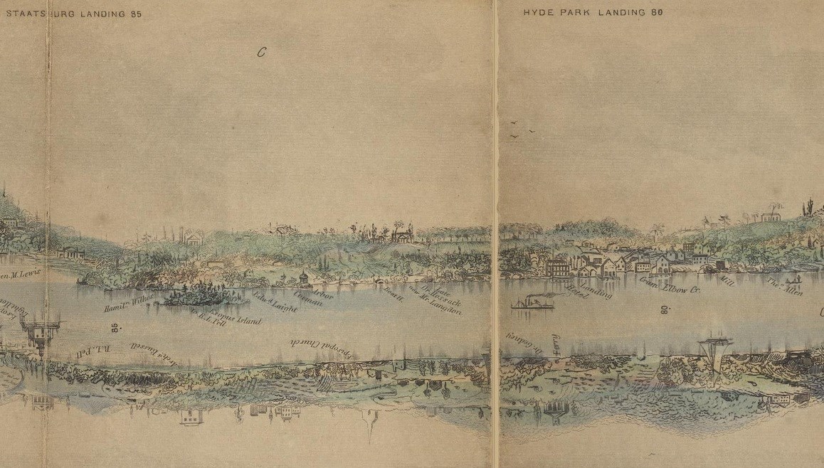 A printed drawing of the banks of a river with details built features along the shores.
