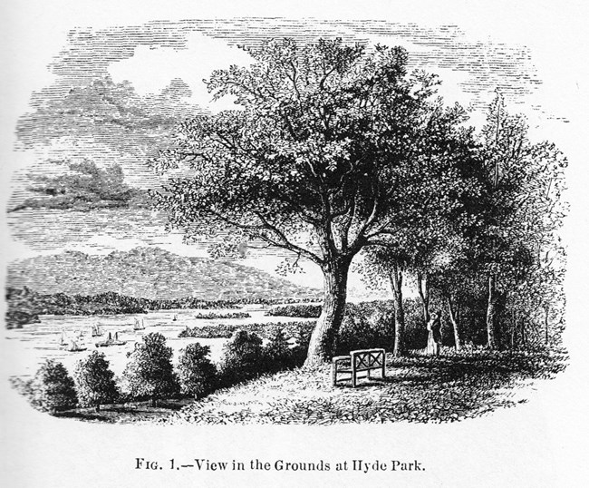 A black and white engraving of a landscape view with river.