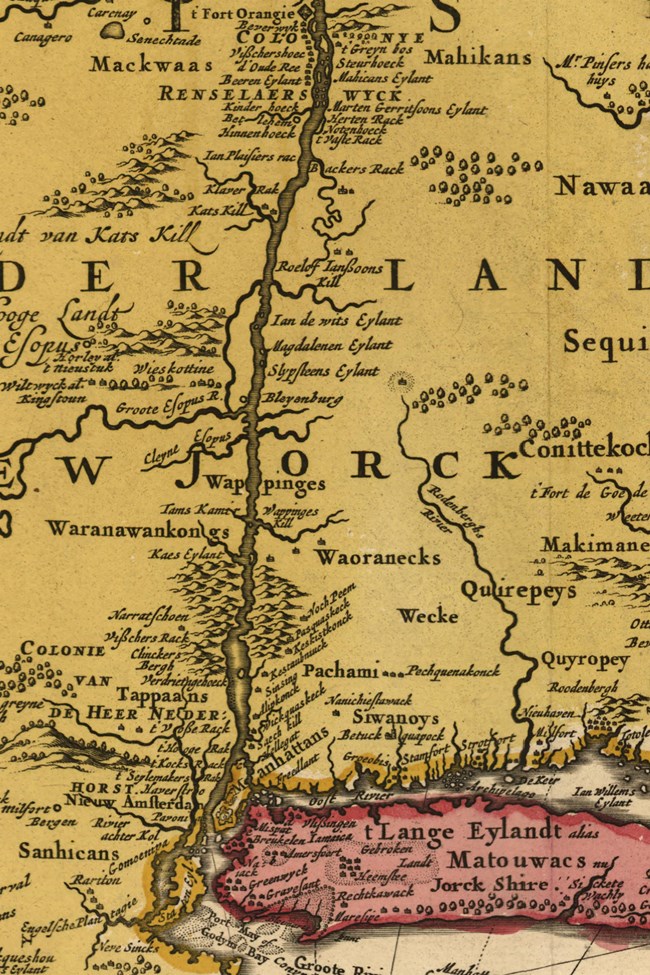 A detail of a map showing the Hudson River