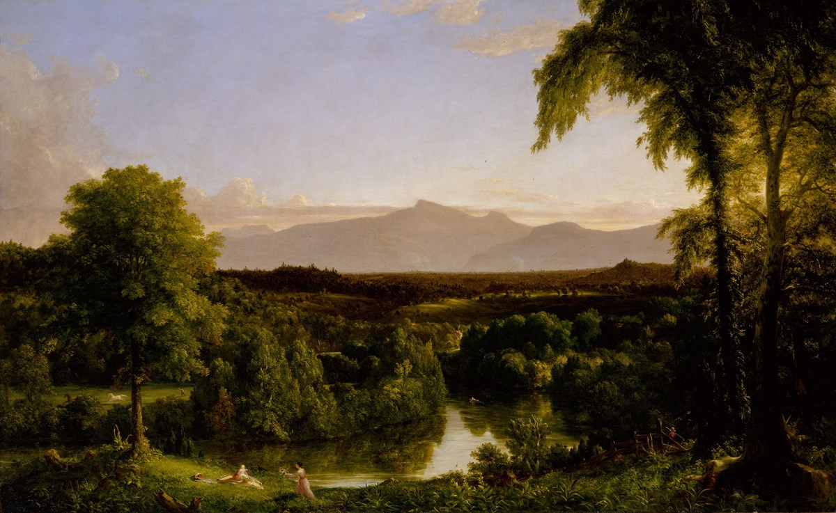 A painting of two figures on the banks of a creek with mountain range in the distance.
