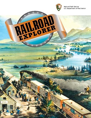 A book cover with colorful illustration of a train traveling across a valley.