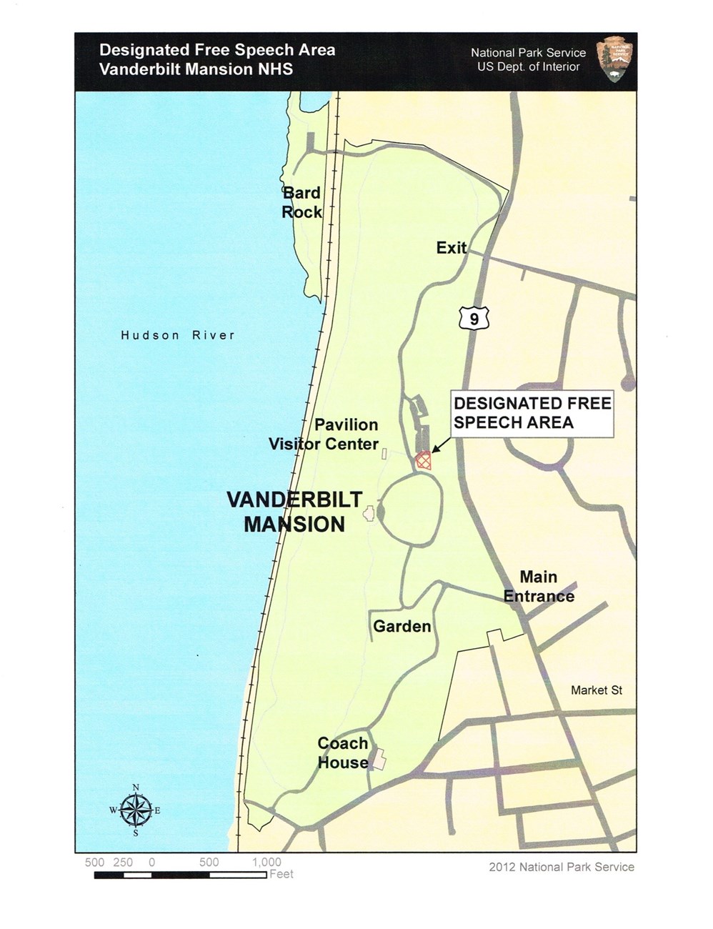 A map showing the designated free speech area for Vanderbilt Mansion