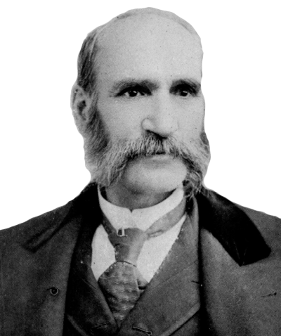 Black and white image of bald white man with facial hair
