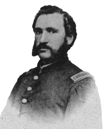 A black and white image of Patrick White in officer jacket with shoulder straps and bushy facial hair.