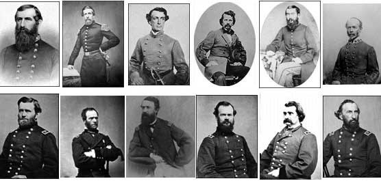 Top - Confederate Commanders (left to right): Pemberton, Bowen, Smith, Van Dorn, Tracy, Johnston
Bottom - Union Commanders (left to right): Grant, Sherman, Porter, McPherson, Logan, McClernand