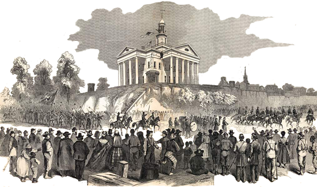 A black and white drawing of soldiers marching by a courthouse as a group watches them.