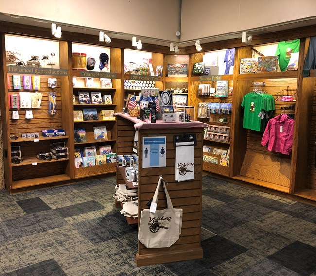 A view of the displays and bookshelves in the eastern national bookstore.