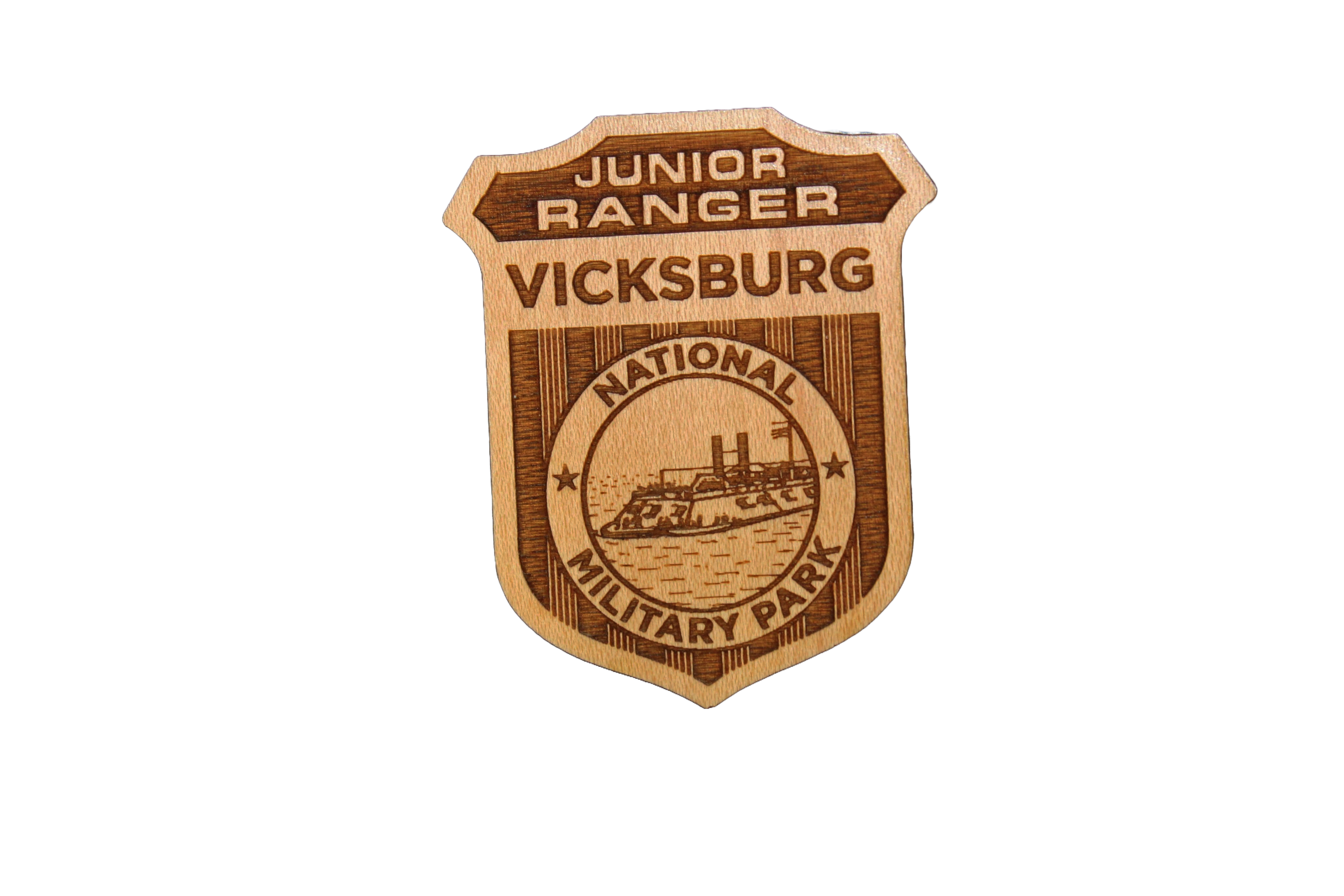 A wooden badge with an image of the USS Cairo in the middle. The badge reads Junior Ranger Vicksburg National Military Park