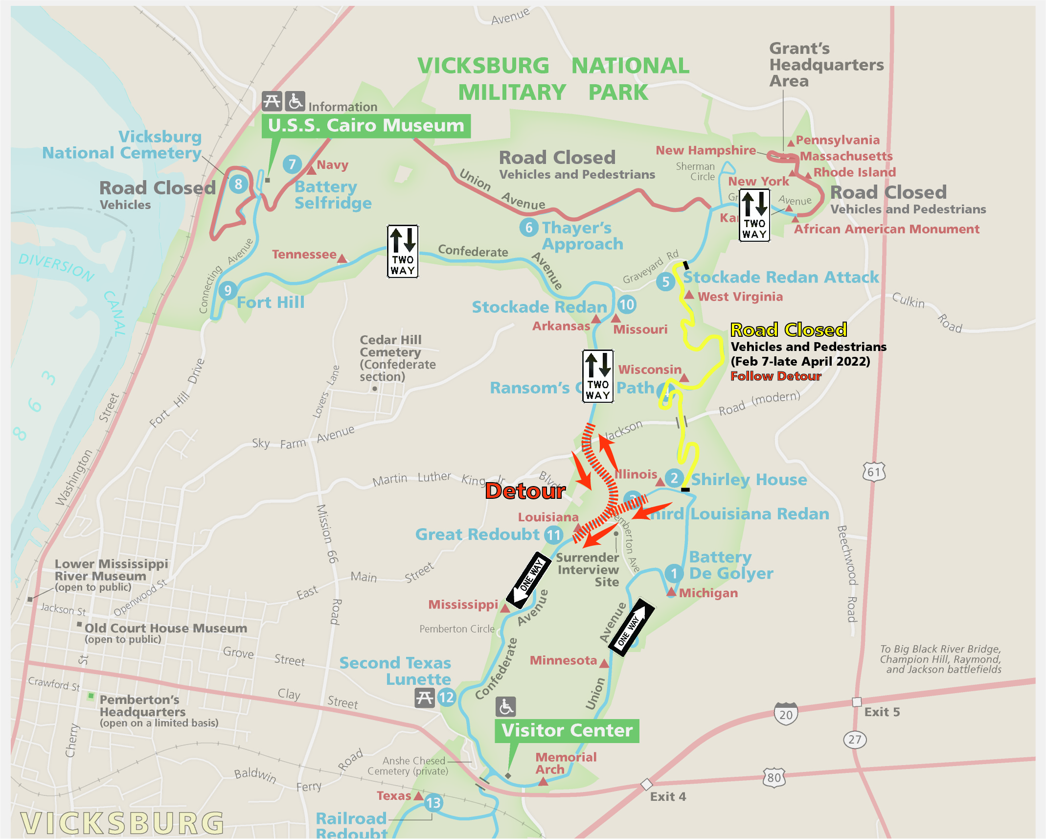 Detour Map February 7-late April 2022 Map of park with yellow road closure and orange road detour.