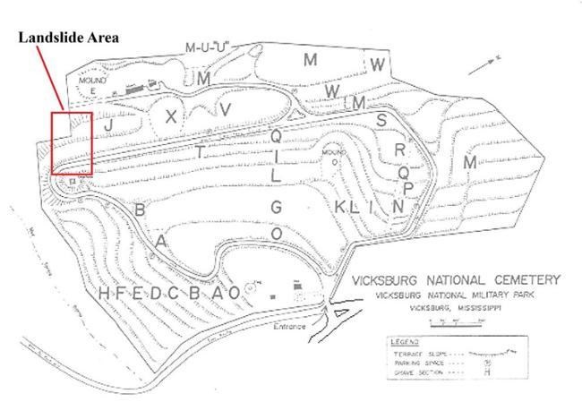 Map labeled as Vicksburg National Cemetery. It shows roads and markings to indicate sloped terraces. Letters are used to label sections of the cemetery. In the upper left is a red box labeled landslide area.