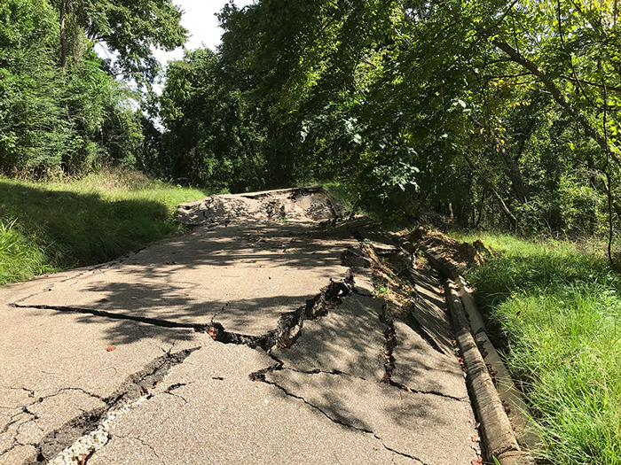 North Union Ave Damage 2020 Road with damage including large crack and sections of the road dropped a few feet