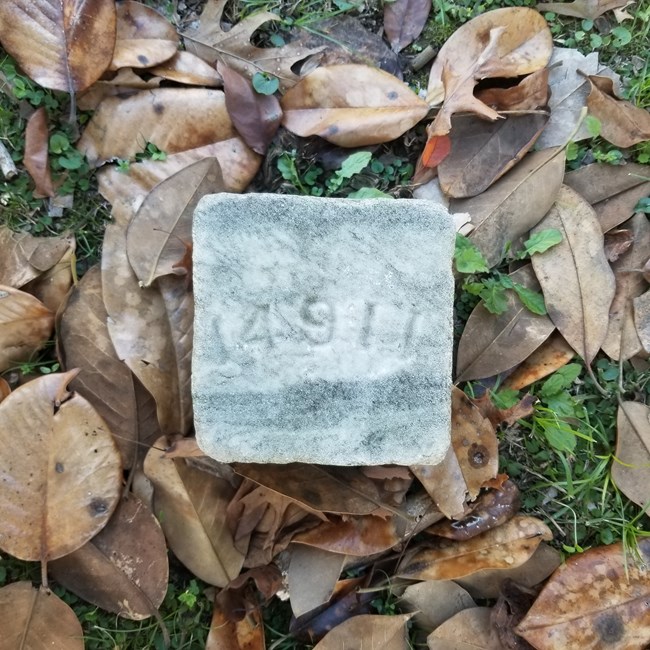 White square shaped block of marble in the ground surrounded by yellow fallen leaves