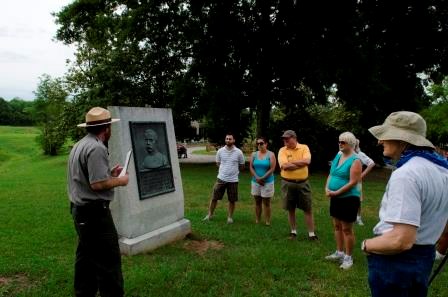 Ranger talk Park Ranger giving a talk at a battlefield marker