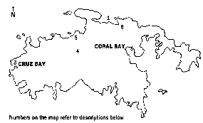 outline map of St. John showing numbers for locations of Ranger-led school field trips