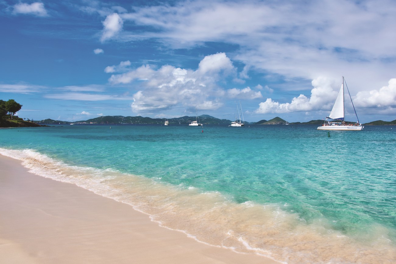 The teal blue water of Scott Beach gently laps onto to the white sand at Scott Beach. Several moored catamarans are pictured beneath a blue sky with puffy white clouds.