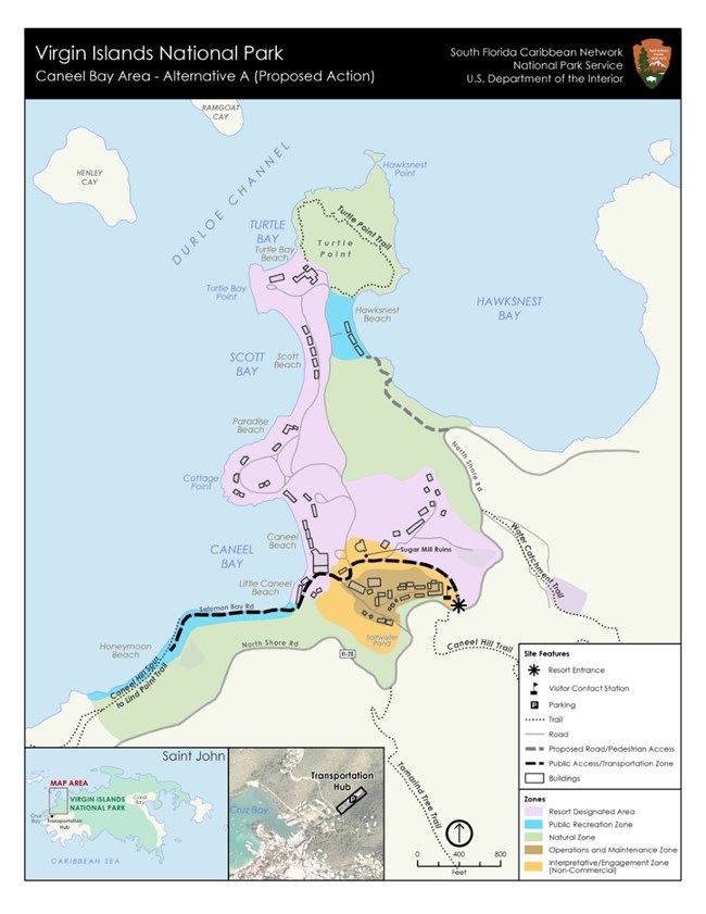 A map of Alternative "A" for the redevelopment of Caneel Bay. Alternative A includes two price tiers of overnight accommodations, an NPS maintenance facility, and interpretative zone.