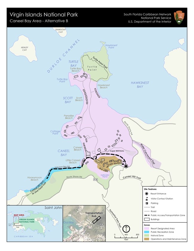 A map of Alternative "B" for redevelopment of Caneel Bay Resort. Alternative B depicts a single pricing tier for overnight accommodations, public access to Honeymoon Beach, and a potential NPS maintenance facility.