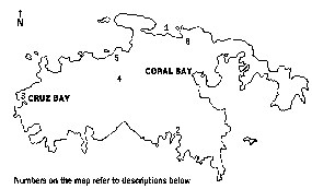 outline map of St. John showing numbers for locations of Ranger-led school field trips