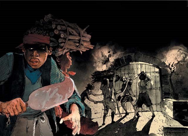 A depicts enslaved people entering the Danish fort at Coral Bay with bundles of firewood and cane knives and taking the fort's soldiers completely by surprise.