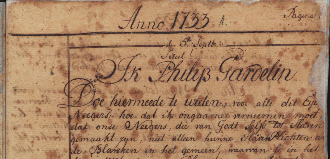 The hand-written yellowed manuscript of Governor Philip Gardelin's 1733 Slave Code.
