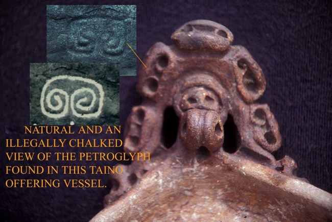 Natural and Chalked Petroglyphs Found in Taino Vessel
