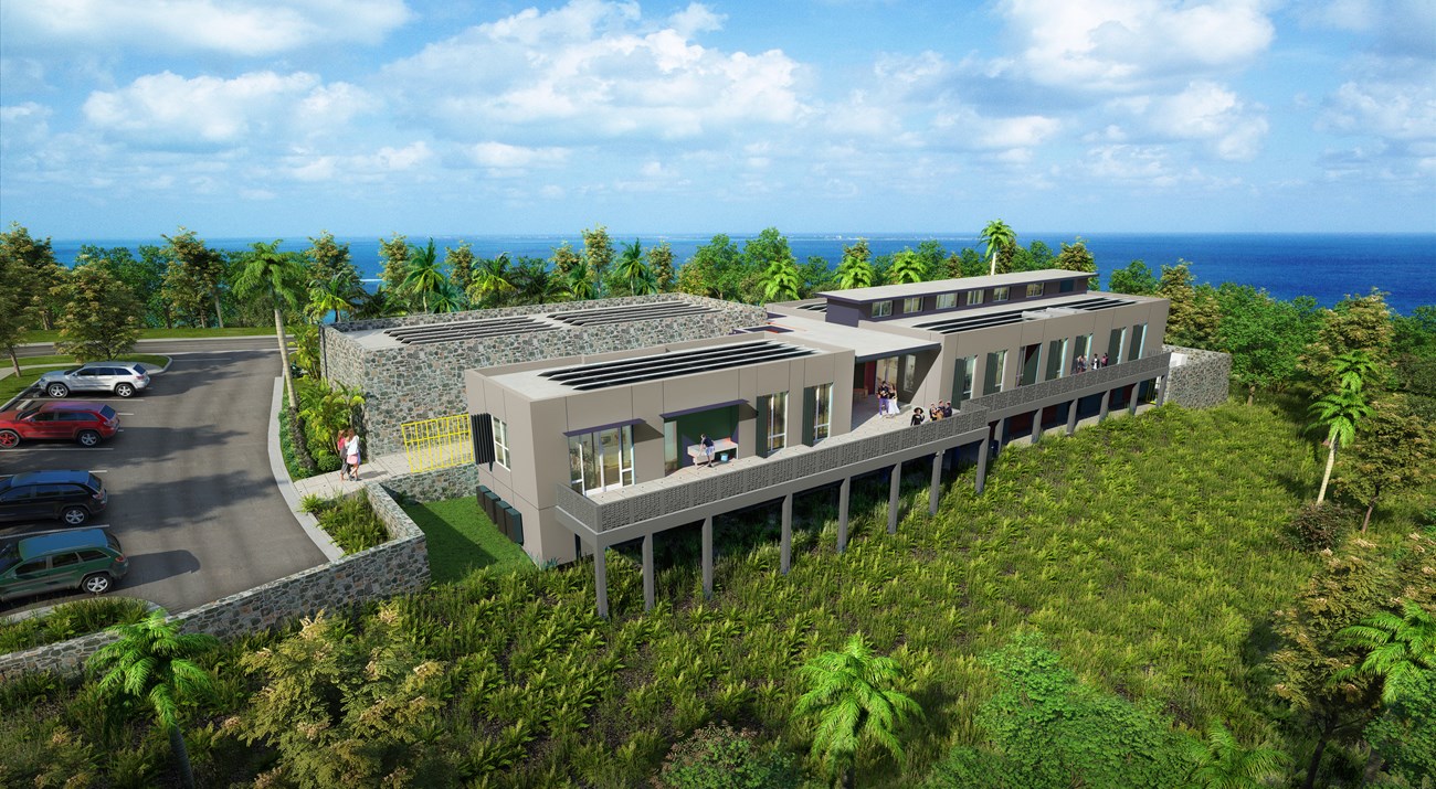 A computer generated image of the new Resource Management and Science Facility, a rectangular grey building with a long porch overlooking a green slope with a parking lot to it's left.