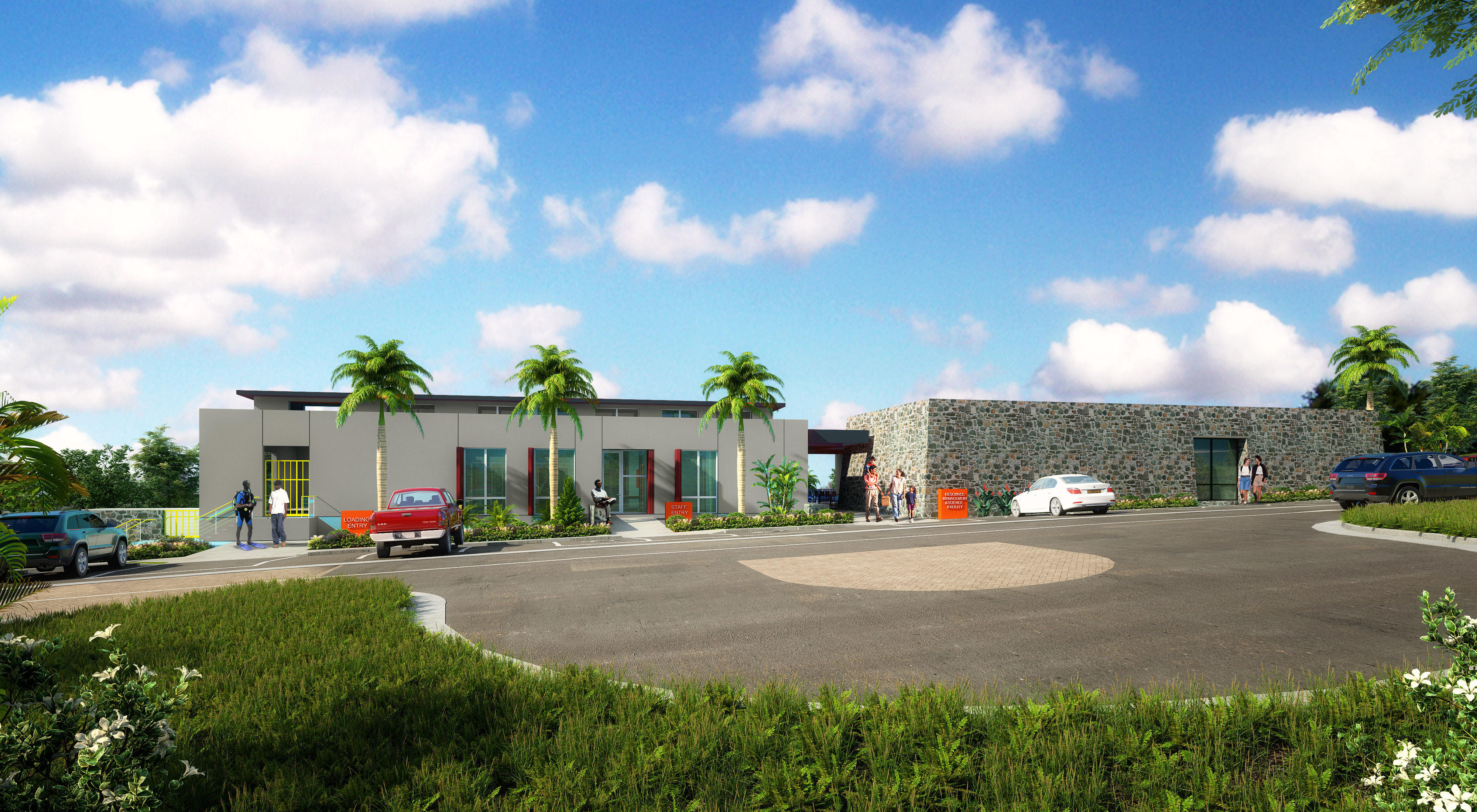 A computer generated image depicts the Resource Management and Science Facility, with the science laboratory's rectangular concrete walls and beds of native plants on the left, and the Artifact Storage Facility, with its stone facade, on the right.