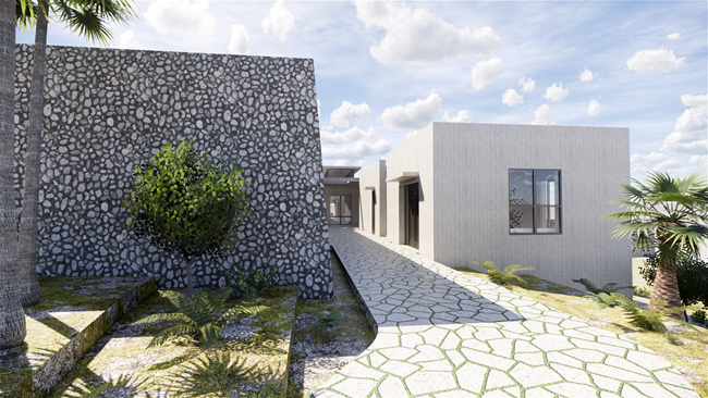 A computer generated image depicts the stone walkway leading to the entrance of the new archeology facility, with it's rectangular grey classroom on the right, and the stonework facade of the artifact storage facility on the left.