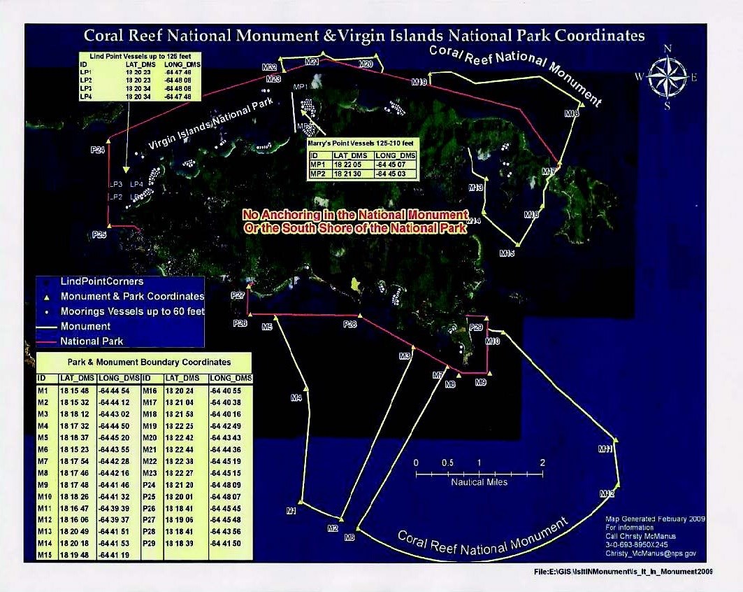 Dark green satellite map of St John island over dark navy background of the ocean. Boundaries for both parks are laid out on the map, and boundary coordinates are written over the map.