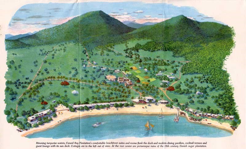 An artist's rendering of a resort fringing a white sand beach near mountainous terrain.