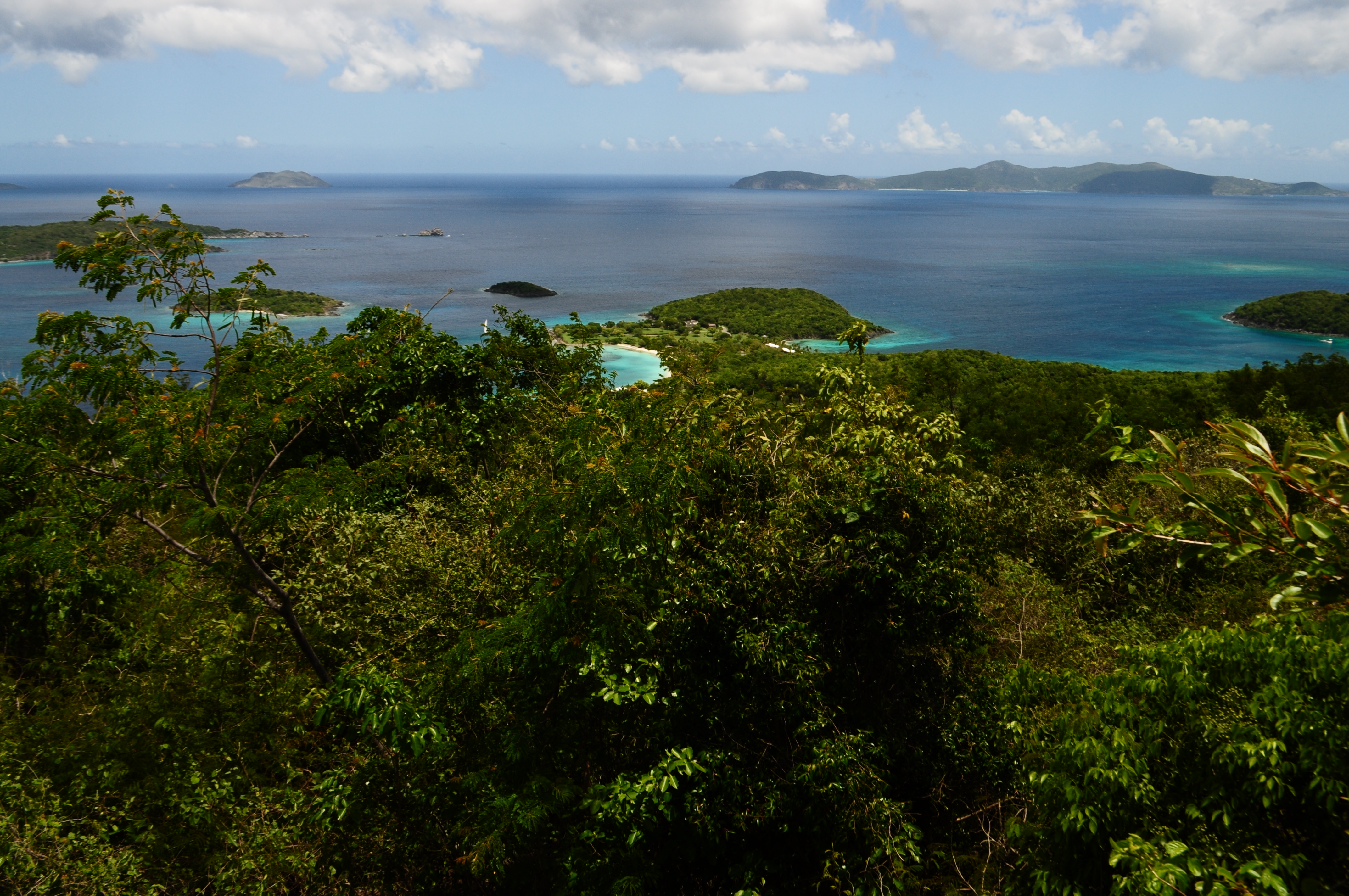 Pictured beneath a blue sky dotted with white clouds, the teal and deep blue waters off of Caneel Bay give way to the British Virgin Islands in the distance.