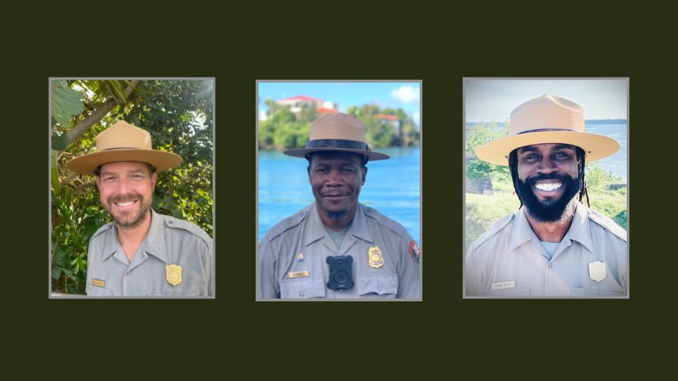 Three photos of men smiling in ranger hats