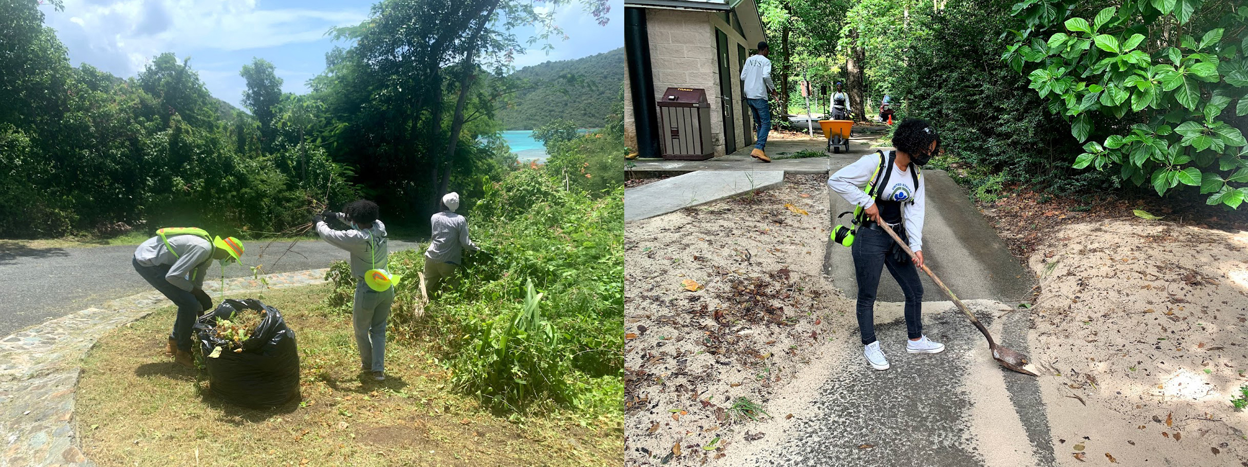 Dressed in grey long sleeve shirts and high visibility personal protective equipment, YCC crew members work to clear trails, roadways, and sidewalks at Virgin Islands National Park.
