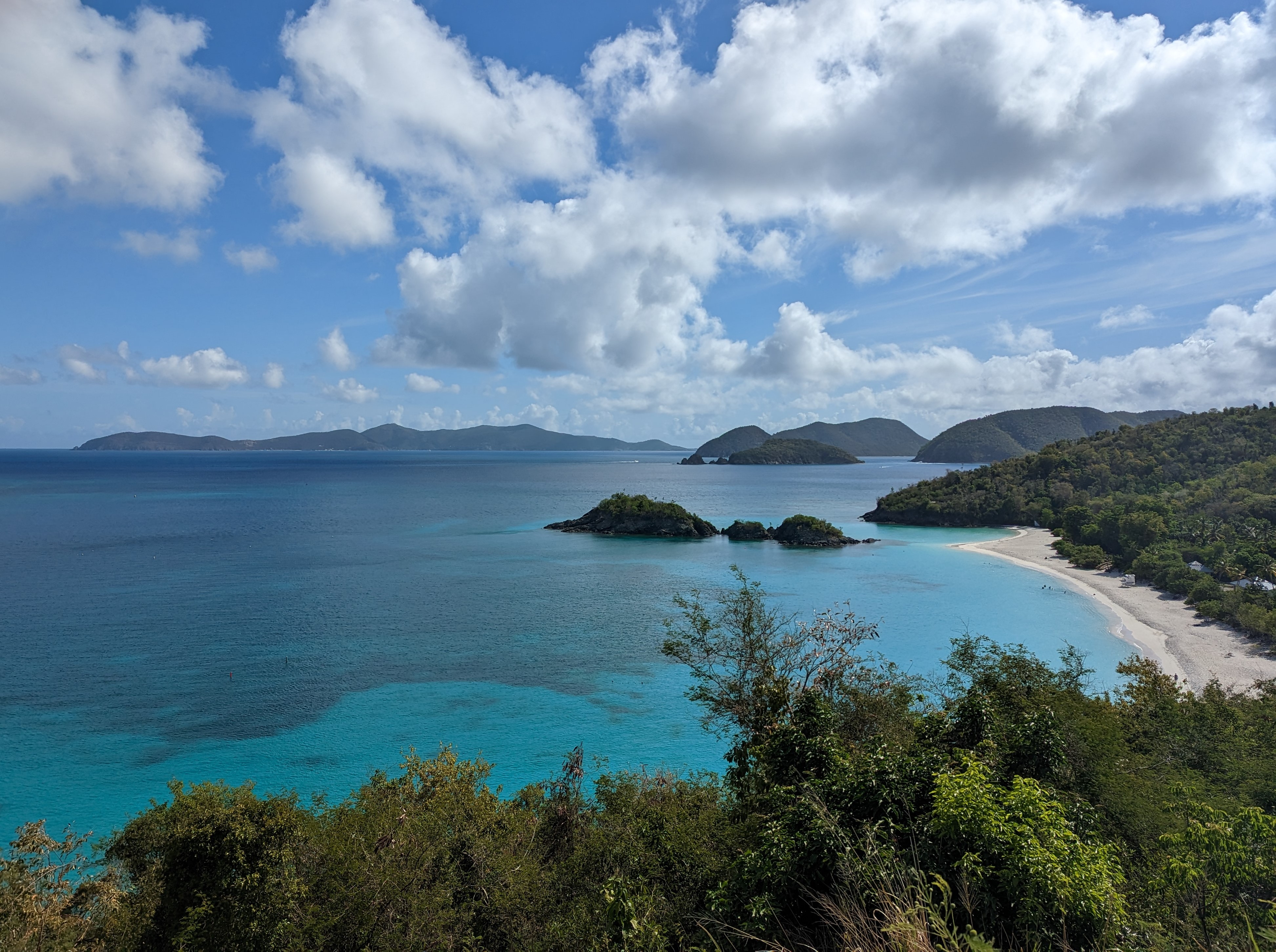 overlook trunk Image of white sand and blue water of Trunk Bay.